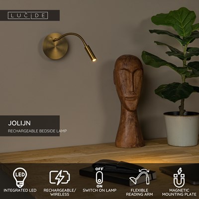 Lucide JOLIJN - Rechargeable Bedside lamp / Wall light - Battery pack - Ø 11 cm - LED - 1x2W 3000K - Magnetic - Matt Gold / Brass